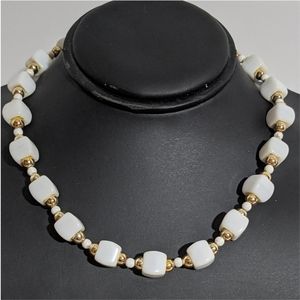 Vintage Gold & Milk Glass Cube Necklace